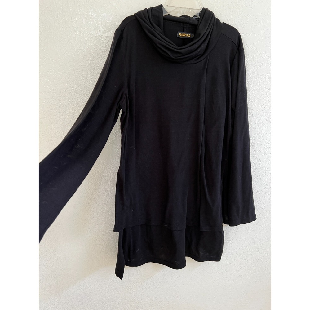Reborn Black Longline Relaxed Lagenlook Cowl Neck Sweater Reborn Size L Large